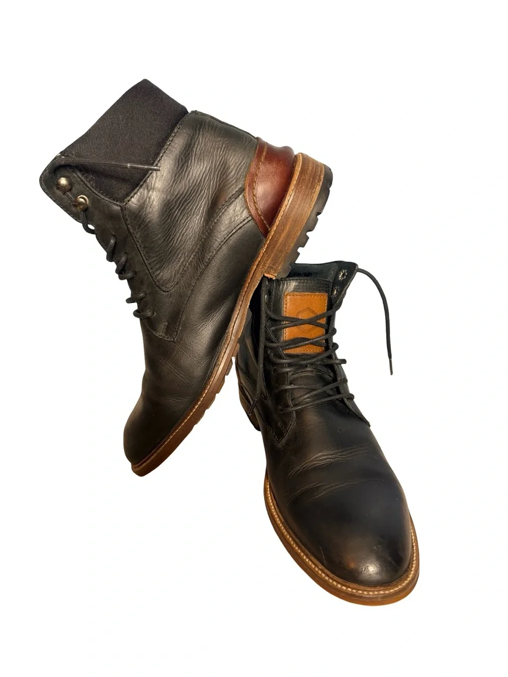 Paruno heritage chukka Men's Black Leather Lace-Up Ankle Boots Brown Accent S 9